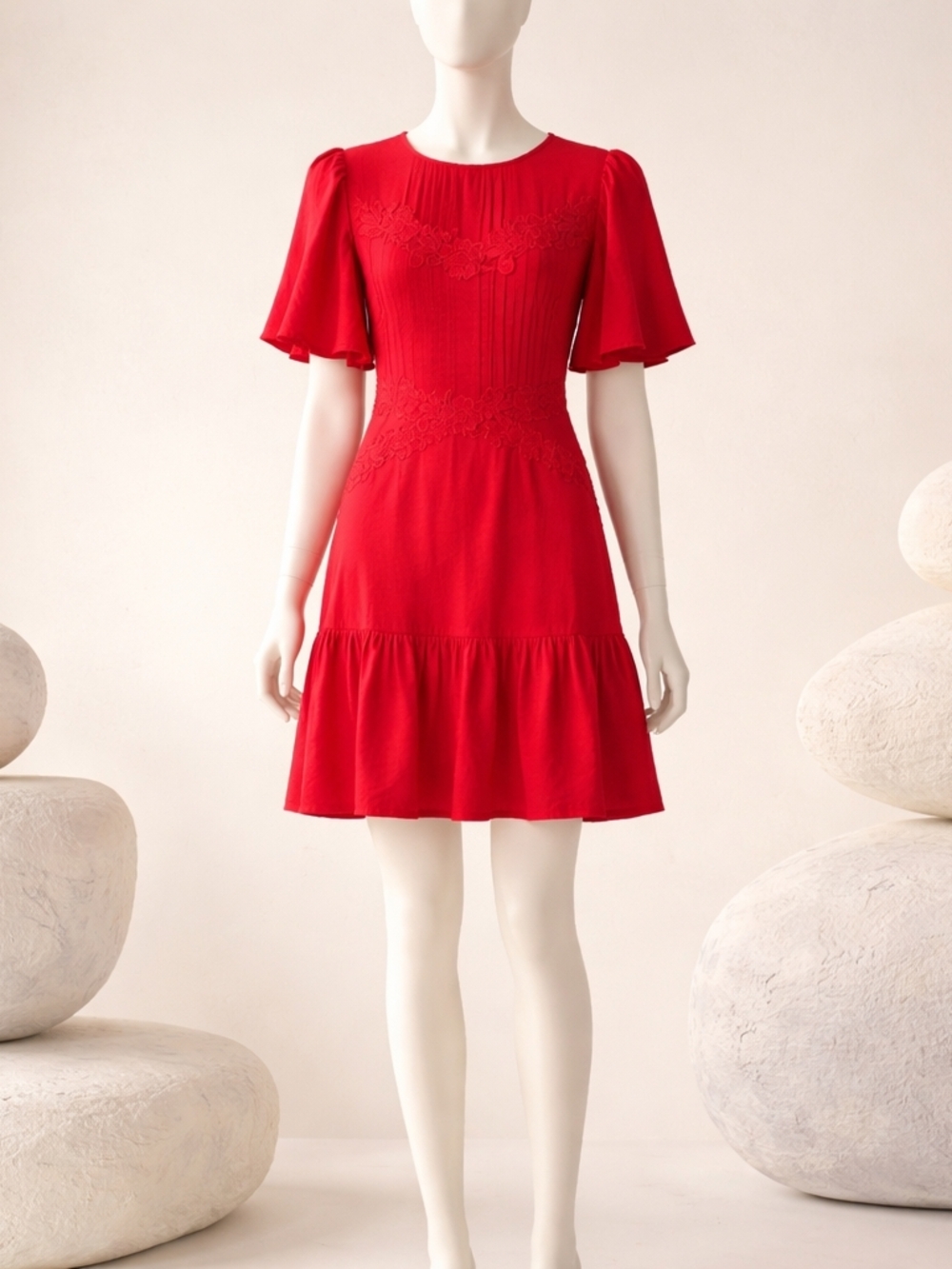 A. Calin by Flying Tomato Red Mini Dress | Lace Detail | Flowy Tiered | Medium - Picture 3 of 12